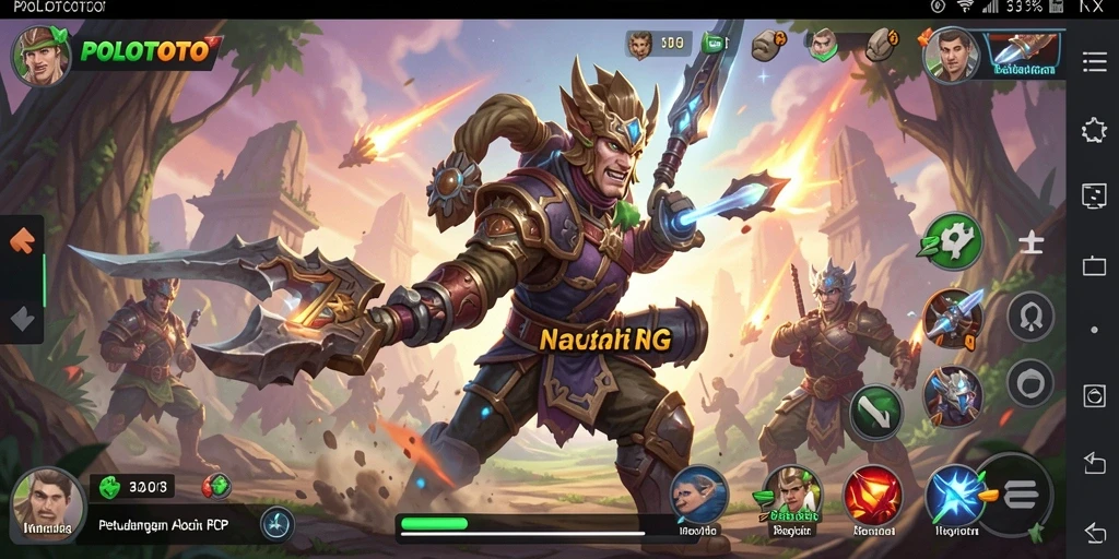 Screenshot gameplay POLOTOTO menunjukkan aksi pertarungan ARPG yang seru dan mendebarkan.