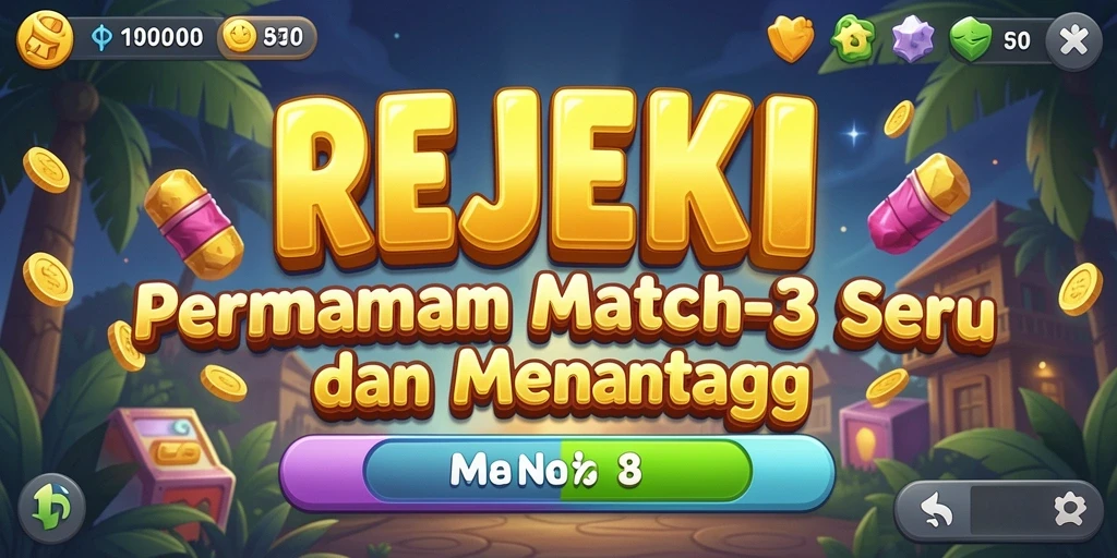 Screenshot utama dari gameplay <strong>REJEKI</strong> menunjukkan aksi seru mencocokkan permata.