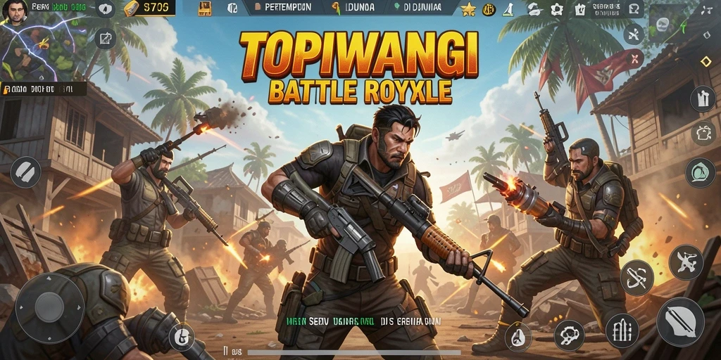 Screenshot gameplay <strong>TOPIWANGI</strong> menunjukkan pertempuran seru di arena Battle Royale.